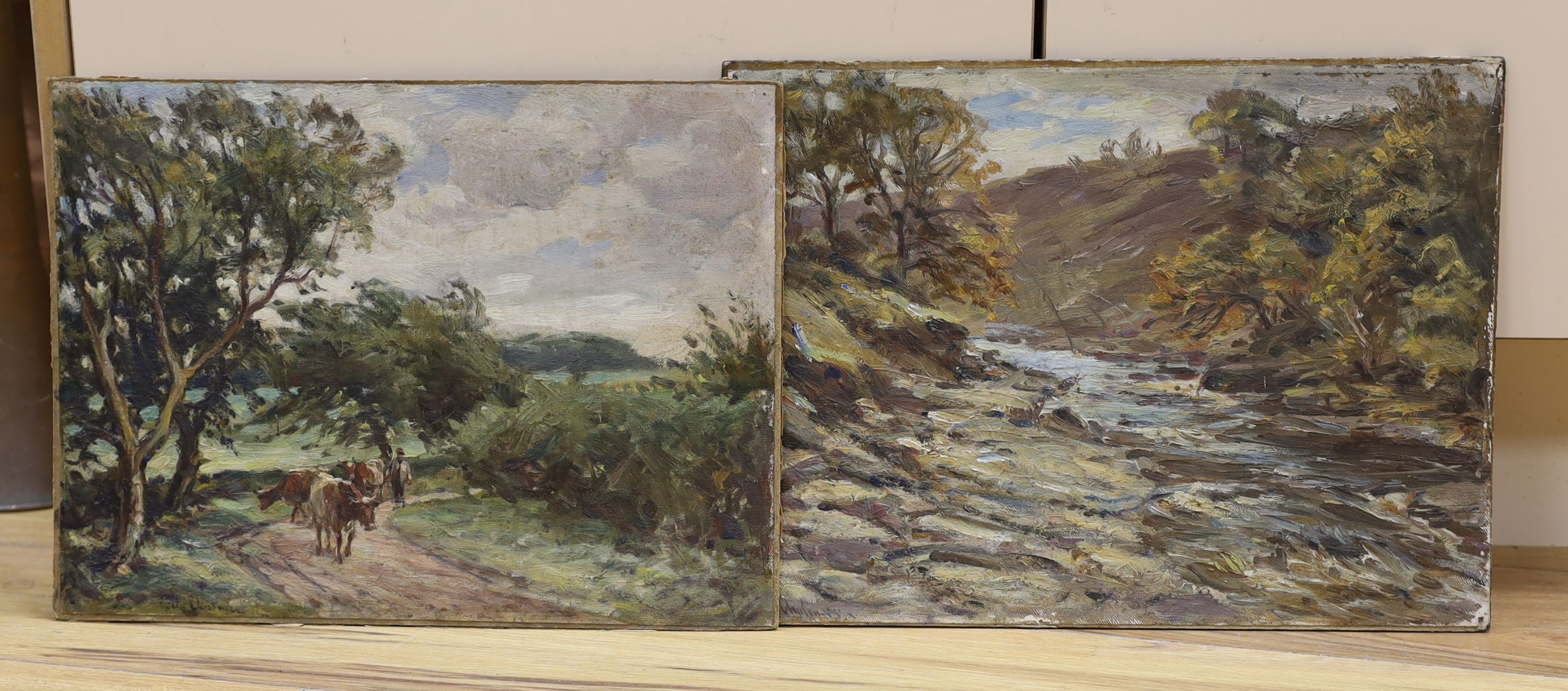 Hector Chalmers (1849-1943), two oils on canvas laid on card, 'On the Fenwick, Ayrshire' and 'On The Bearsden, Scotland', signed, 28 x 39cm, unframed